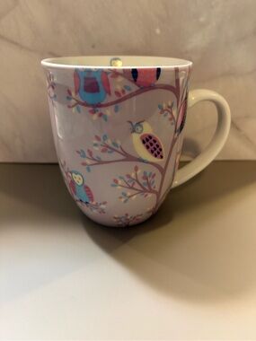 Cream Ceramic Owl Pattern Mug - Pastel Pink and Blue